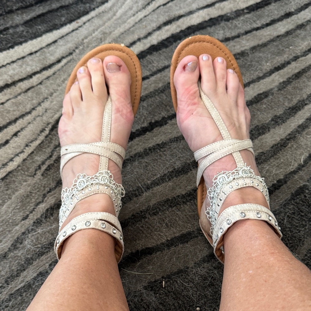 Vanity Cream and Tan Sandals with Lace and Studs